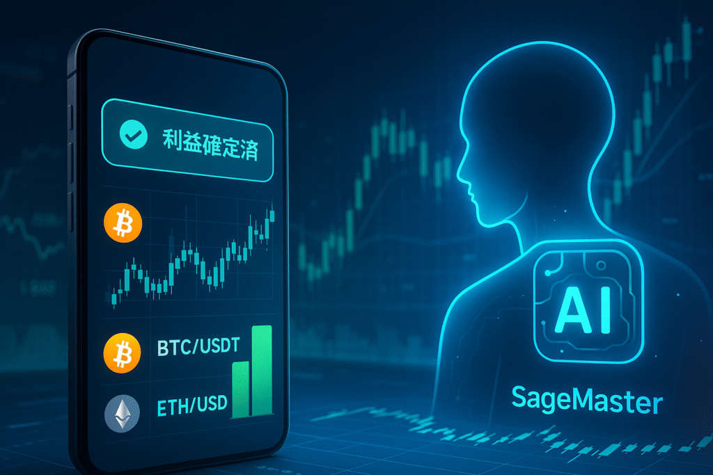 スマホの画面に「利益確定済」の通知や、通貨ペア別（BTC/USDT・ETH/USDTなど）の利益グラフ