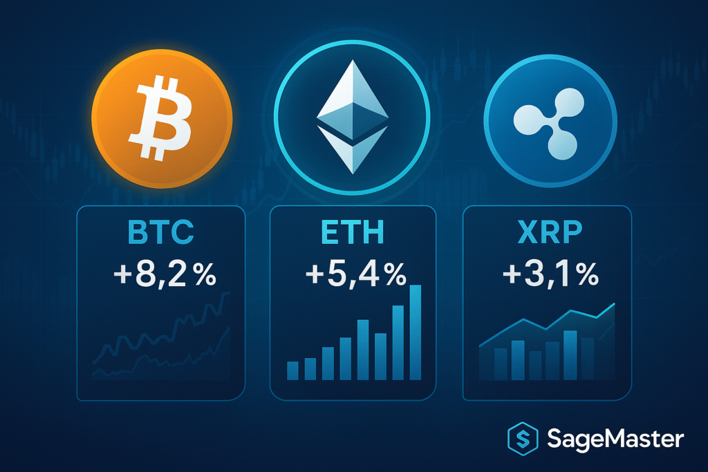 各通貨のアイコン（BTC, ETH, XRPなど）と、それぞれの成績を示すグラフや成績ボード風ビジュアル