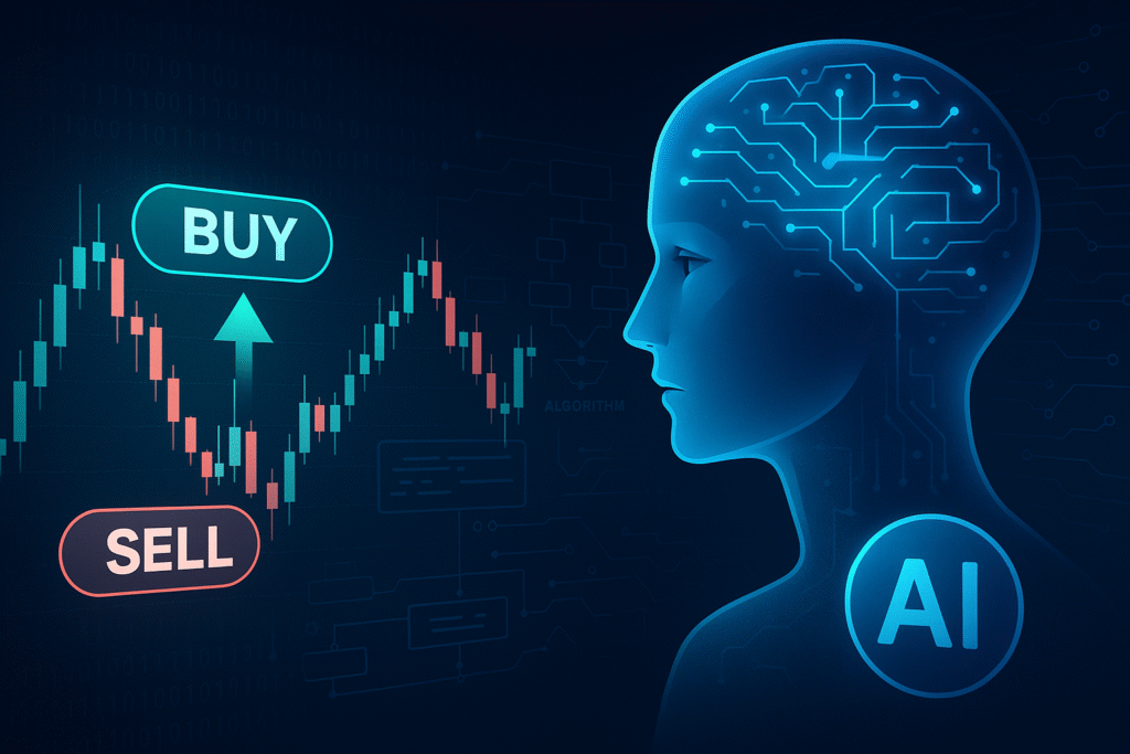 AIがチャート上の「買い」「売り」タイミングを指し示している様子。背後にアルゴリズムの流れを示す線画。