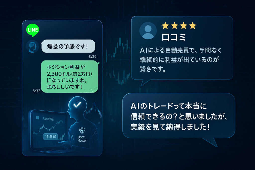 実際のLINEスクショ風のやりとり、ポジティブなレビュー文面を吹き出し風に