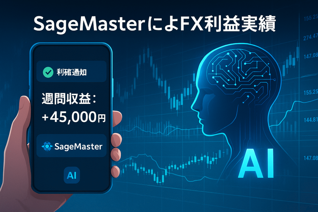 スマホ画面に「利確通知」や「週間収益：+45,000円」などのUI風演出。背景に為替チャート