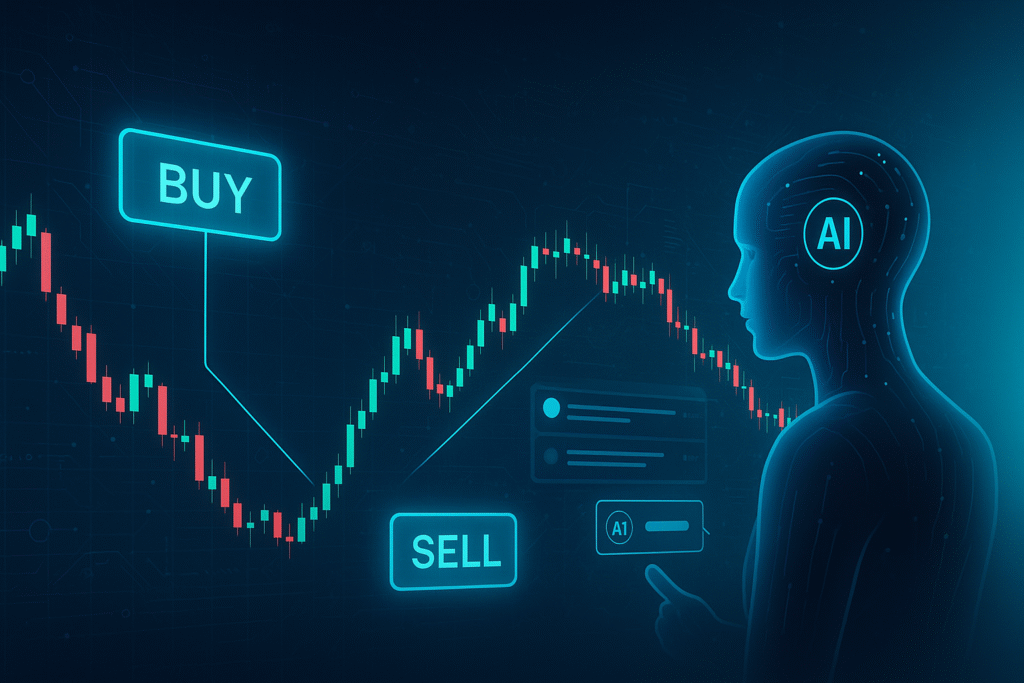 「BUY」「SELL」のタイミングをチャート上でAIが指示しているシーン。背景に分析アルゴリズムの線画