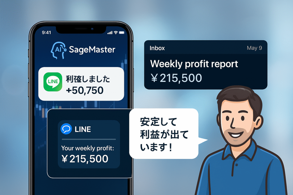 LINEやメール風の実績スクショ＋利用者の吹き出しコメント。収益報告の一部を見せている画像