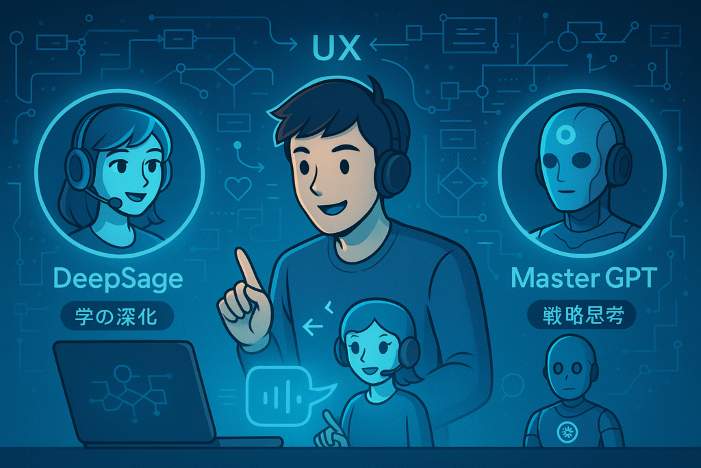 複数のAI（DeepSage・Master GPT）が連携してサポートしている図。UX設計を示すイラスト
