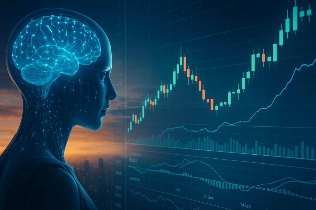 AI脳とトレーディング画面が融合した未来的ビジュアルの画像