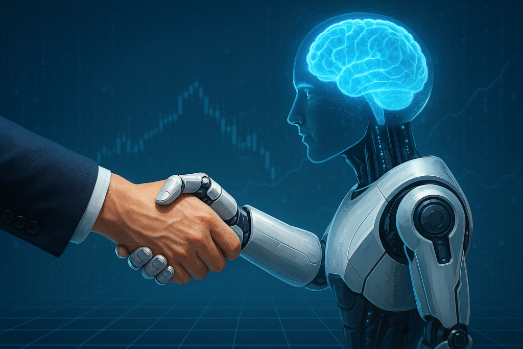 迷っている人の背中を押す手、そこにAIロゴと“FIREへの一歩”と書かれたパスの画像