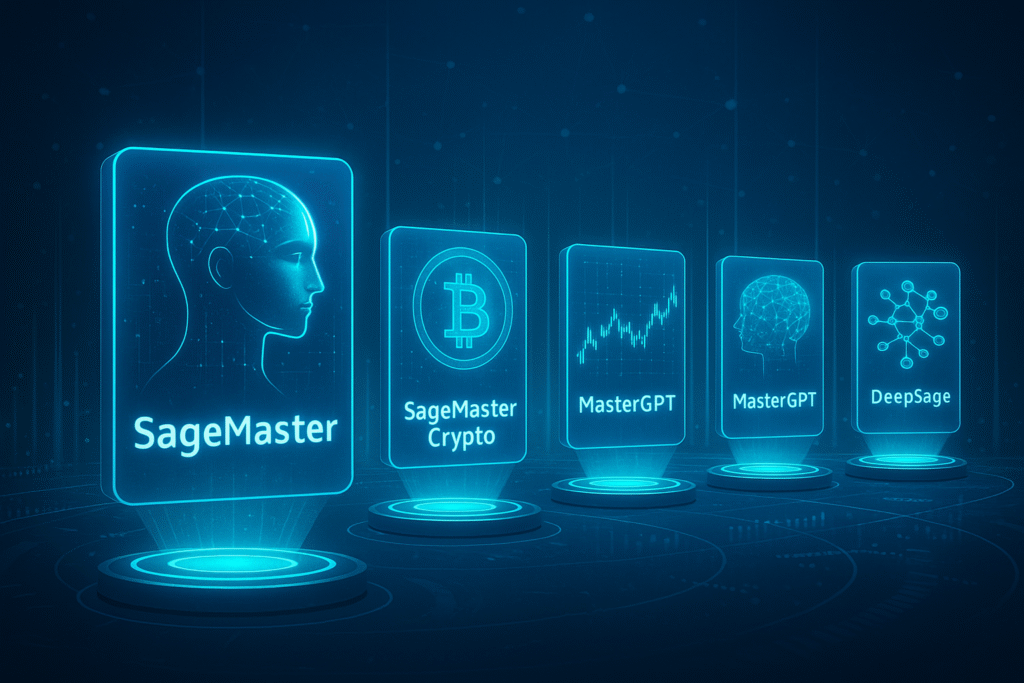 5つのモジュール（SageMaster本体、クリプト、FX、GPT、DeepSage）がホログラムで並ぶイメージ画像