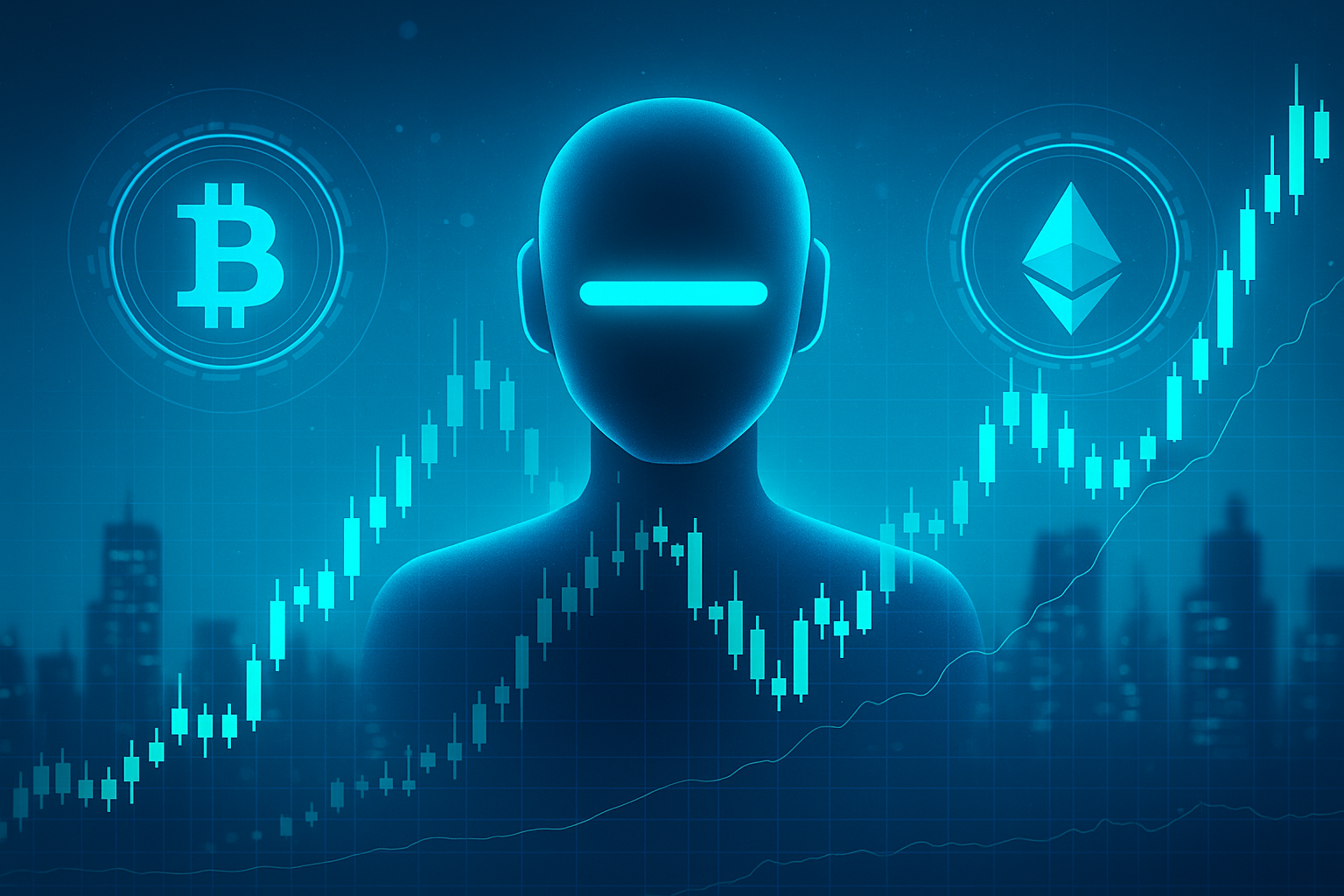 ビットコインやイーサリアムのチャート上に浮かぶAIモジュール、未来的な空間演出した画像