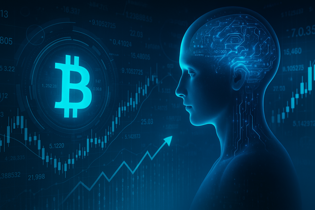 AIがビットコイン市場を分析しているイメージ、数字やロジックが浮かぶ構図の画像