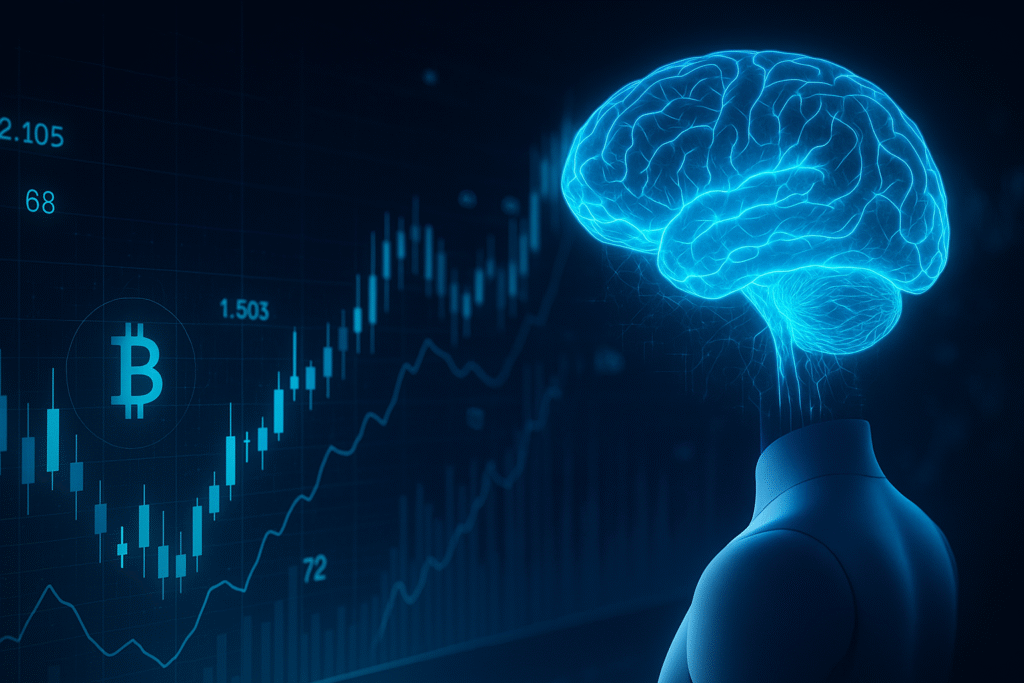 AI脳と変動するチャートを組み合わせた、分析・予測イメージ画像