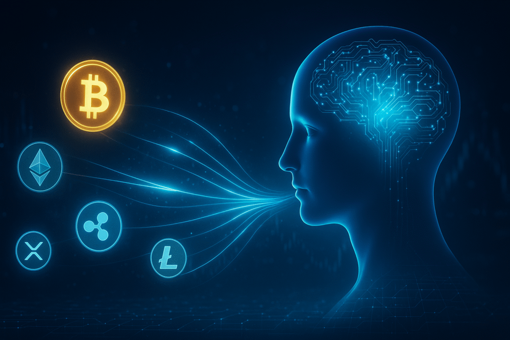 複数の仮想通貨が光の軌跡でAIに集まってくる構図の画像