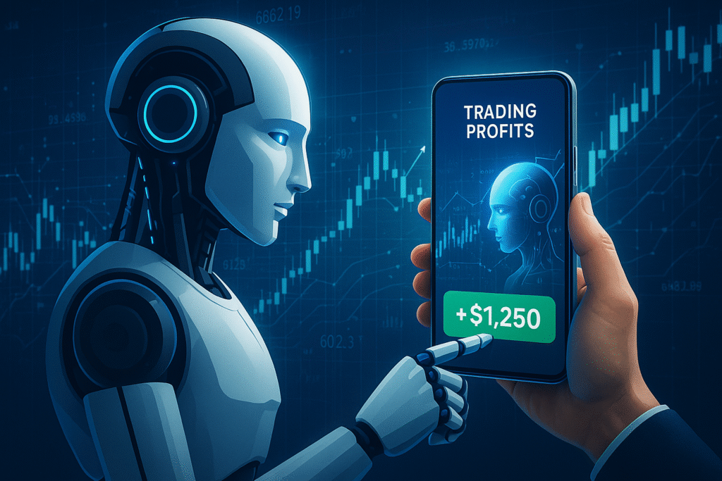 スマホに表示されたトレード利益画面とAIサポートの構図の画像