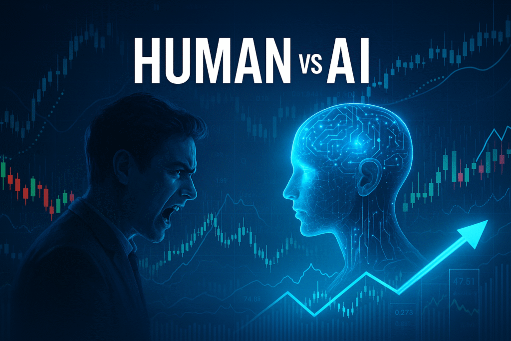人間の感情とAIの冷静な分析を対比させた構図