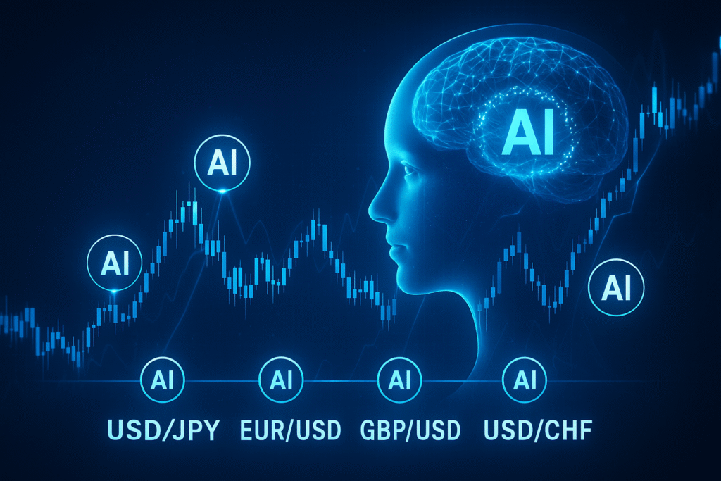通貨ペアのライン上にAIアイコンが並ぶ構図