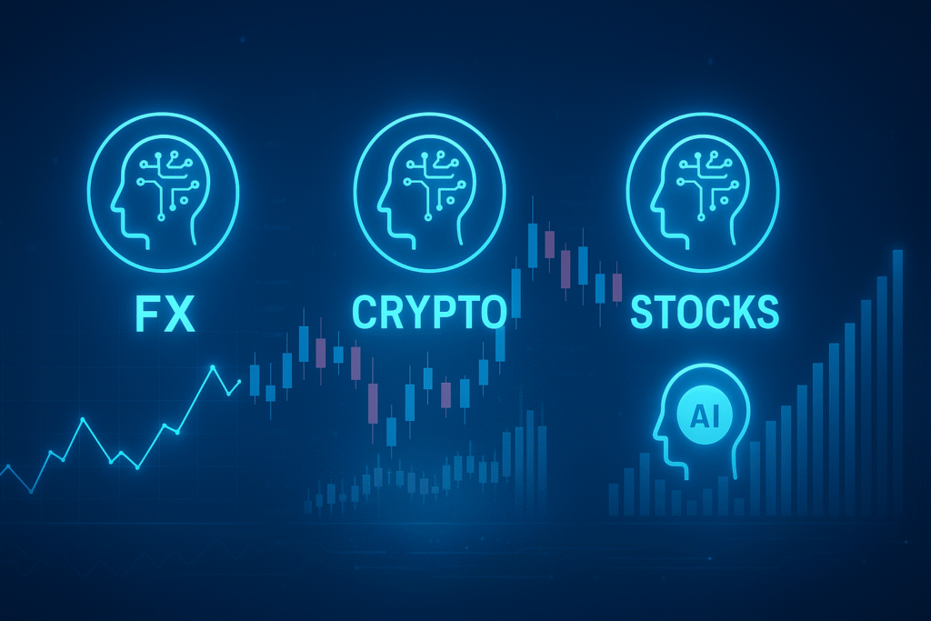 FX・クリプト・株式のAIアイコンが並び、それぞれの特色を表現