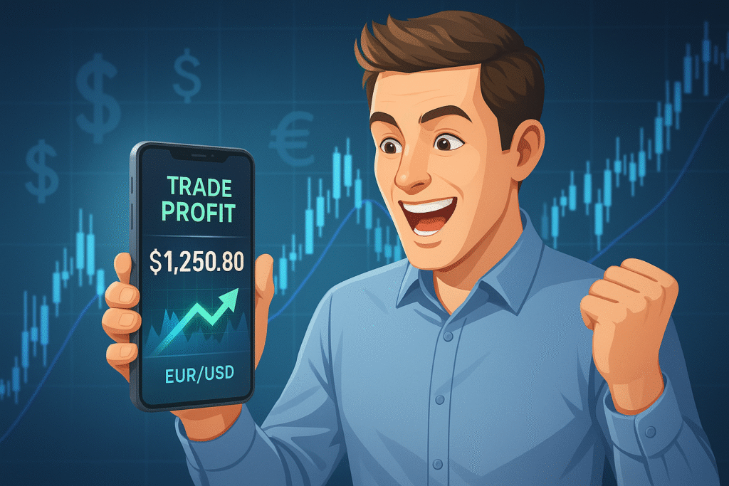 トレード利益を表示するスマホと喜ぶユーザー