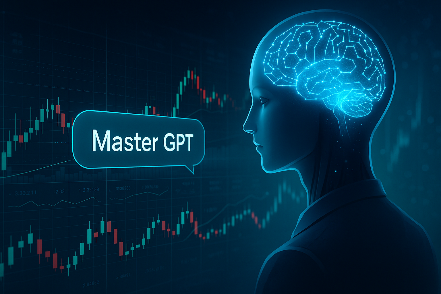 AI脳＋チャート画面の融合、チャットUI風に「Master GPT」と浮かぶ画像