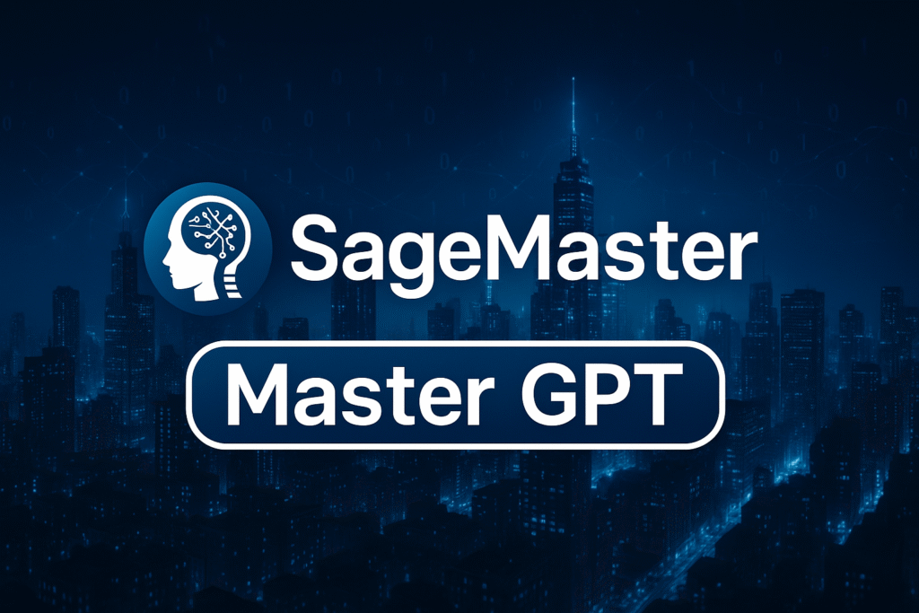 SageMasterとMaster GPTのロゴが重なり、電脳都市背景
