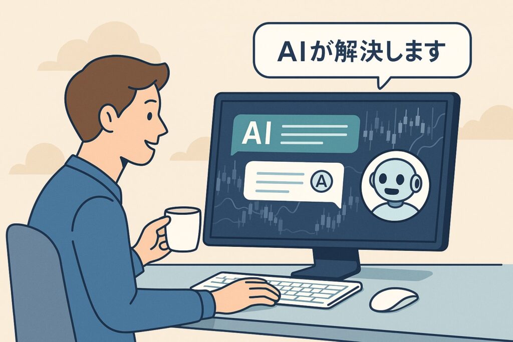 未来的なトレーディング空間で、若いユーザーがAIサポートを受けながらスマートフォンで安心して操作している様子を描写。背後には温かみのある光と、安定感のあるチャートが表示されており、「初心者でも安心して使える」印象を直感的に伝える構図