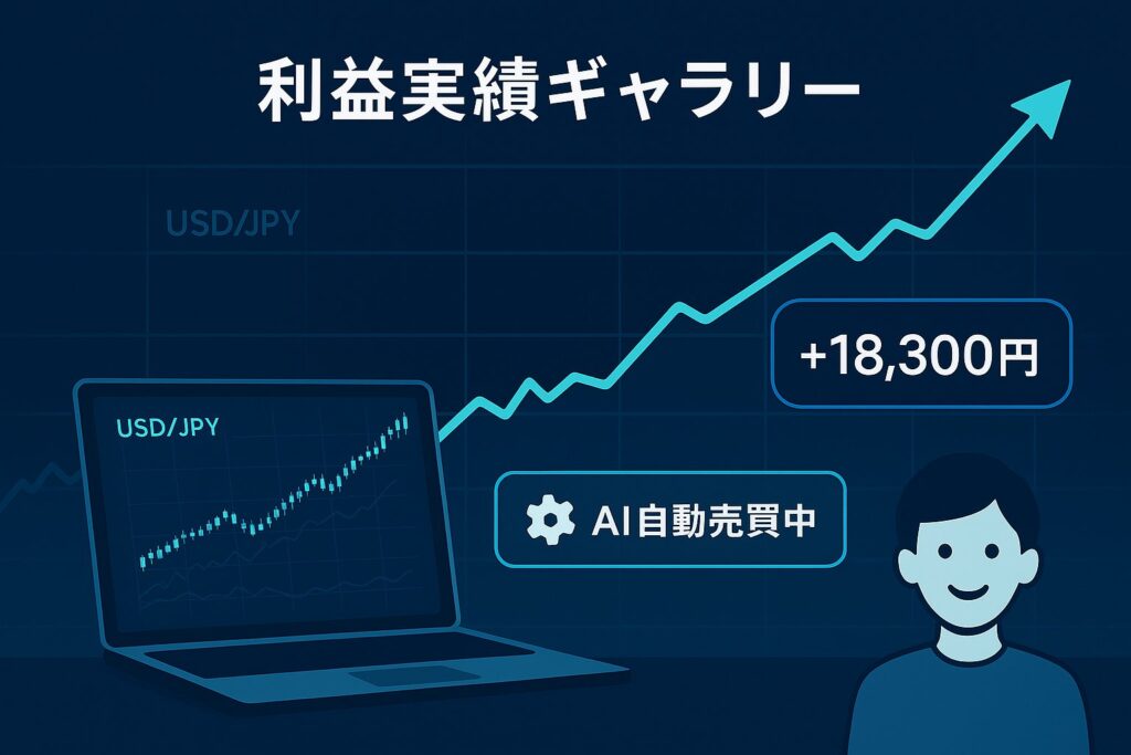 利益実績ギャラリーのイラスト。AI自動売買によってUSD/JPYチャートが右肩上がりに上昇し、『+18,300円』と表示された利益が描かれている