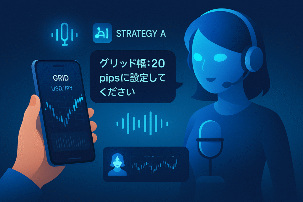スマホ画面に「グリッド幅：20pipsに設定してください」と音声案内される演出。戦略名や通貨ペアも表示された画像