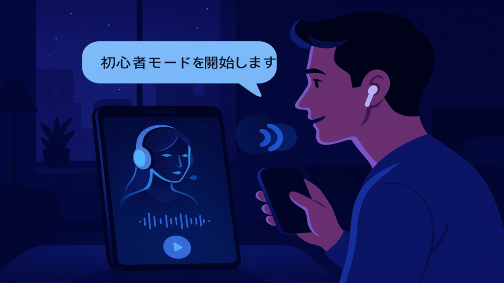 深夜でも使える様子（夜の部屋で使うユーザー）、画面に「初心者モードを開始します」と表示