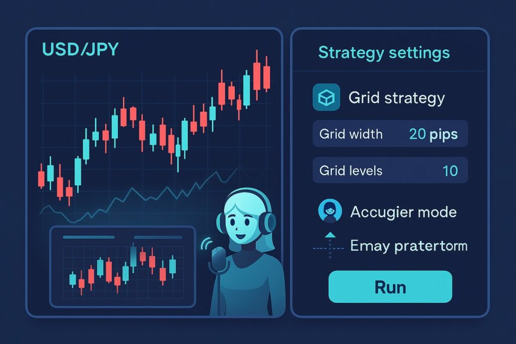 グリッド戦略の設定画面。USD/JPYチャートとともに、pips幅やレベル数などの自動売買設定項目が表示されている