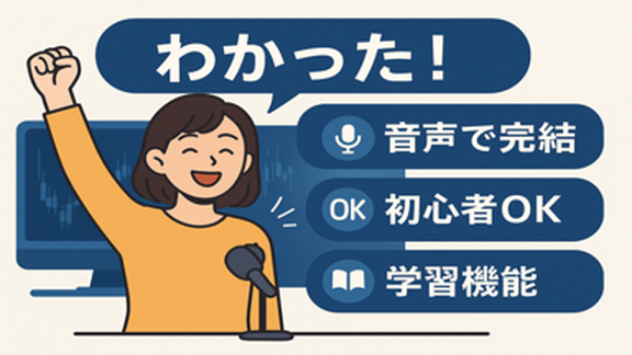 ユーザーが「わかった！」と手を挙げているシーン。背景に「音声で完結」「初心者OK」「学習機能」などキーワードを並べている画像