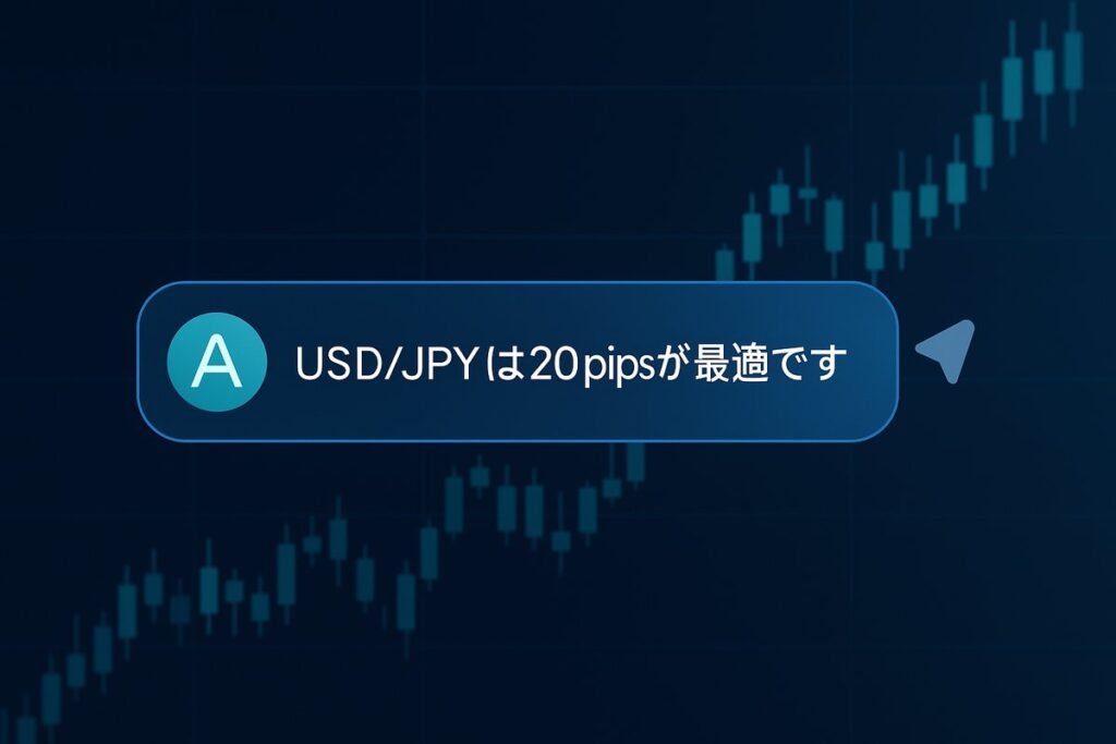 「USD/JPYは20pipsが最適です」とチャット形式でアドバイスするメッセージとローソク足チャートの背景イメージ
