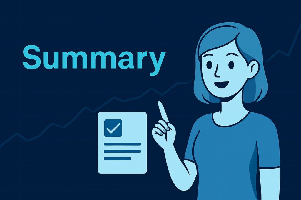 まとめセクションのイラスト。『Summary』の文字と、チェックリストを指しながら説明する女性が描かれている