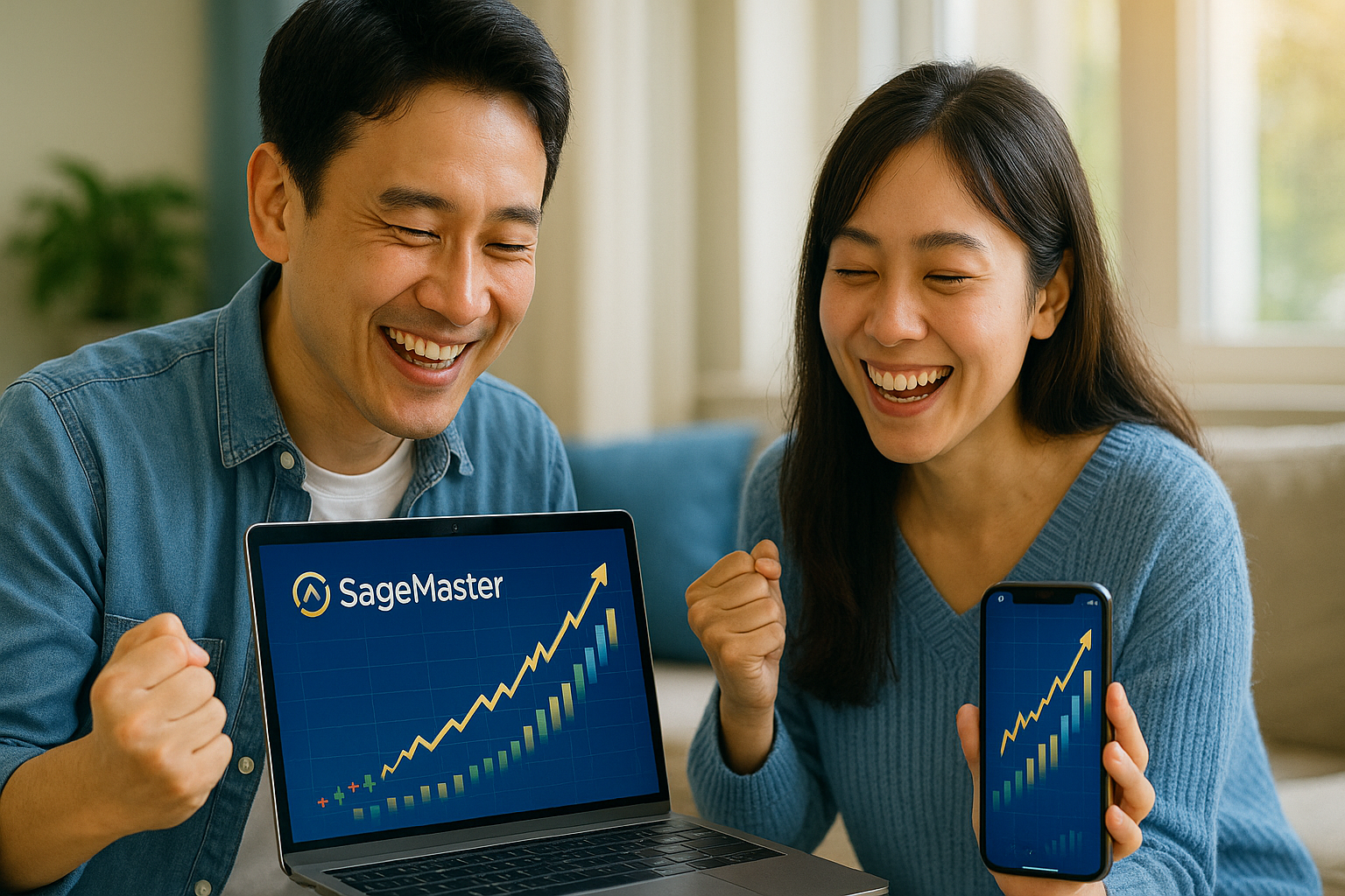 SageMasterのトレード画面を表示したノートパソコンとスマートフォンを手に持ち、笑顔で喜ぶ日本人カップル。自然光の入る明るいリビングで、右肩上がりの利益グラフを見ながらガッツポーズをしている