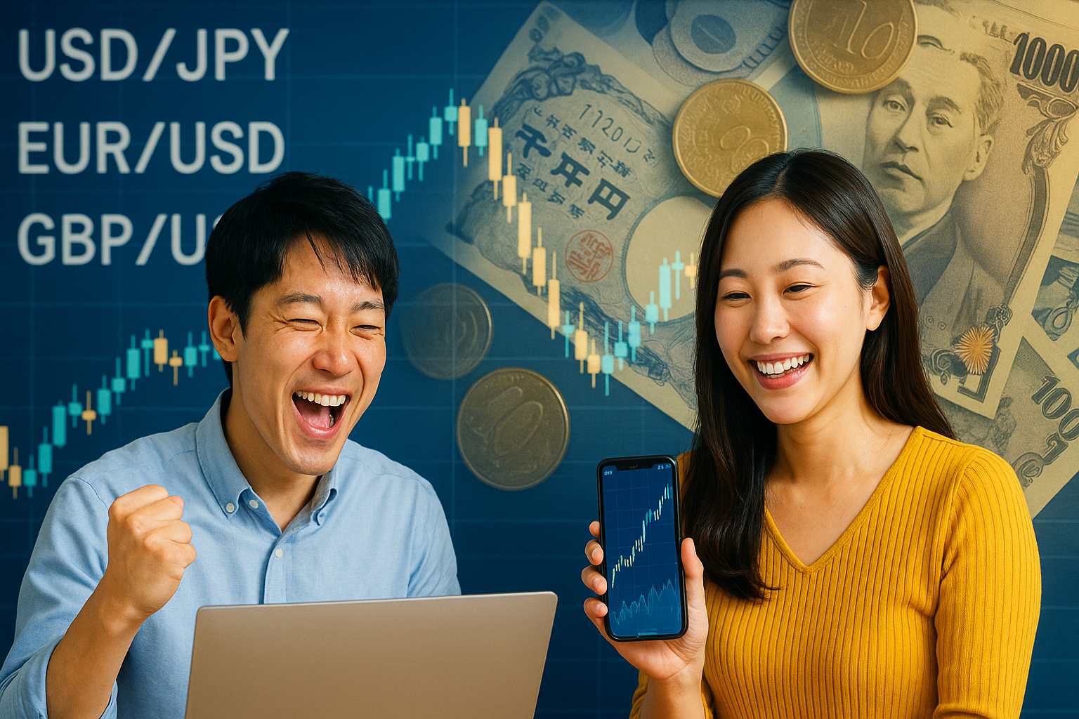 USD/JPYやEUR/USDなどの通貨ペアと右肩上がりのチャート、日本円紙幣やコインを背景に、ノートパソコンとスマートフォンの画面を見ながら笑顔で喜ぶ日本人男女ユーザー。男性はガッツポーズをし、女性はスマホ画面を見せながら微笑んでいる